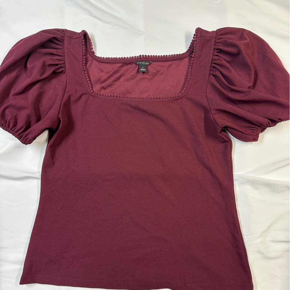 Ann Taylor Burgundy Puff Sleeve Blouse